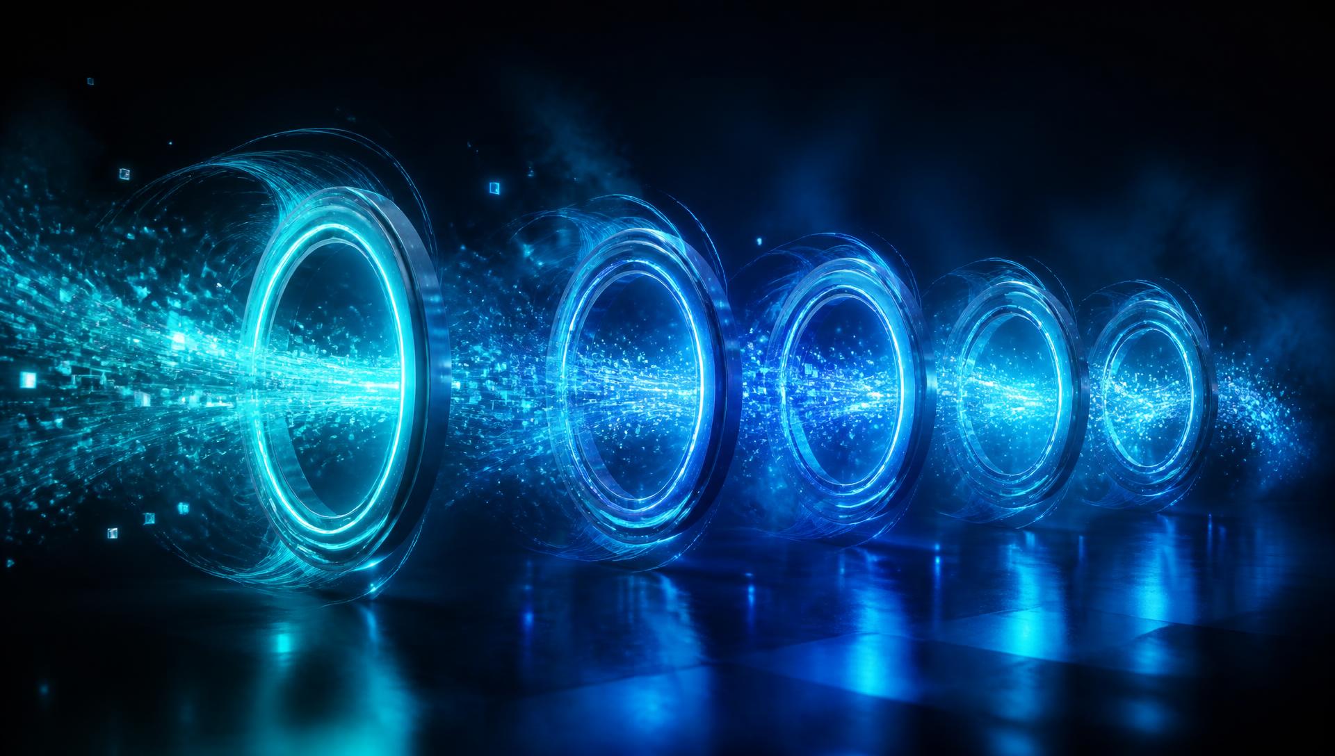 Encrypted data flowing through five luminous gateway rings
