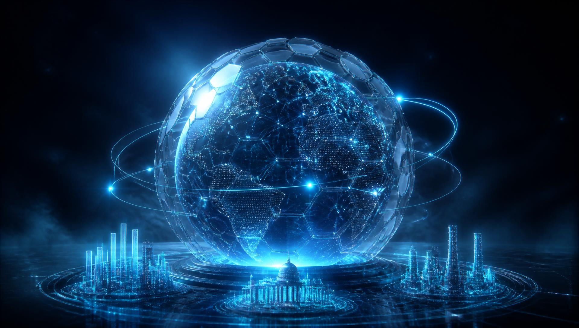Holographic globe shielded by hexagonal plating with orbital light rings